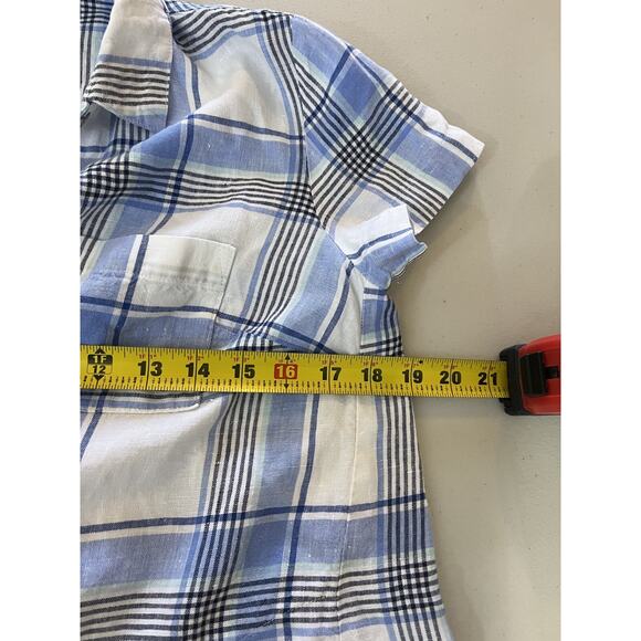 Linen Button Up Tunic Shirt Check Plaid Dress Coastal Cottage Resort Preppy - Picture 13 of 15